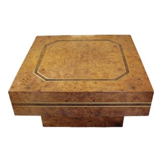 1980s Modern Burled Wood Lacquered Square Coffee Table With Inlay Detail For Sale