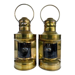 Vintage Brass and Glass Port and Starboard Nautical Lanterns Mounted as Sconces, a Pair For Sale