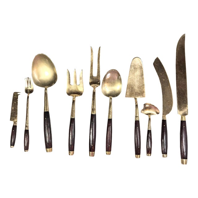 Mid Century Rosewood and Brass Serving Set- Set Of For Sale
