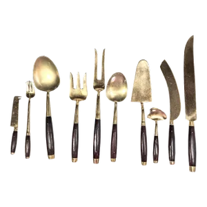 Mid Century Rosewood and Brass Serving Set- Set Of