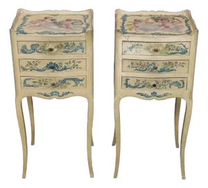 Pair of Venetian Paint Decorated Cherubs Putti Distressed Finish Night Stands