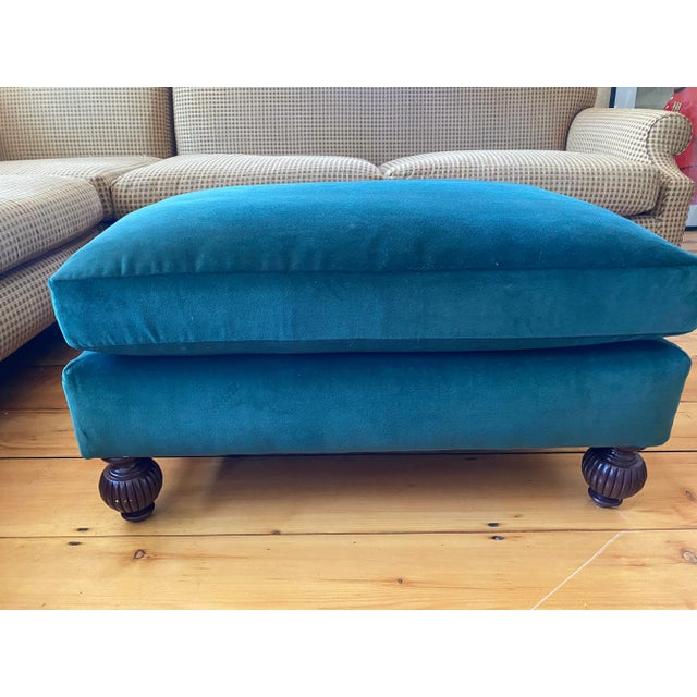 Custom velvet ottoman with mahogany legs. Made to coordinate with "Custom Three-Piece Sectional Sofa" from other listing....