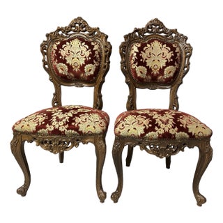 Pair of Antique Late 19th Century Rococo Revival Mahogany & Crimson Velvet Side Chairs For Sale