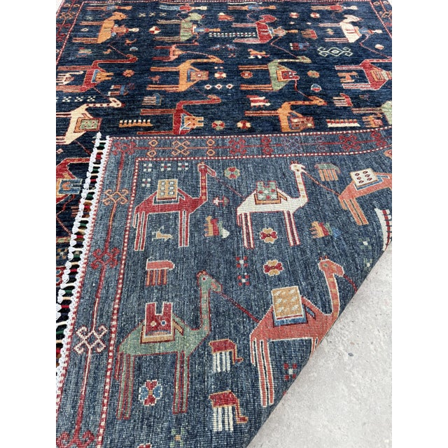 Navy Blue Hand Knotted Camel Caravan Pictorial Tribal Rug, 04'11 X 06'11 For Sale - Image 9 of 10