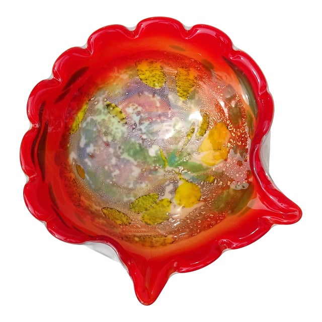 Murano Vintage Red Orange Yellow Silver Flecks Green Italian Art Glass Seashell Centerpiece Bowl For Sale