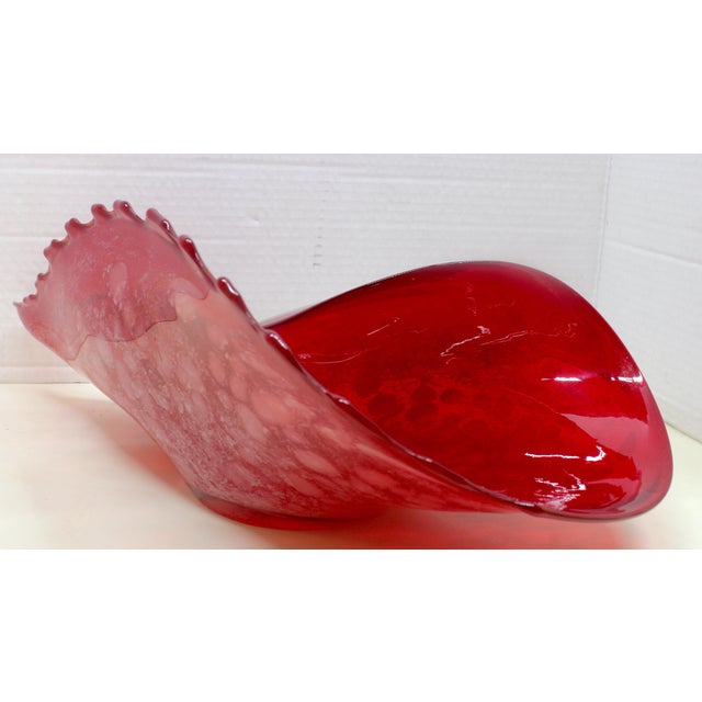Large Festive Hand-Blown Crimson Red and White Speckled Art Glass Conch Shell Centerpiece For Sale - Image 4 of 15