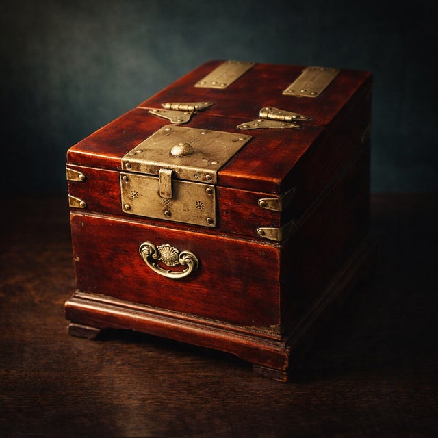 Campaign Antique Korean Joseon Dynasty Vanity Box | 19th Century Campaign Style Traveling Mirror Chest | Moody Dark Wood & Brass Relic For Sale - Image 3 of 9