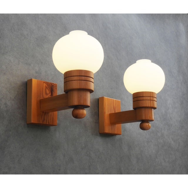 Wood Swedish Modern Pine and Opaline Glass Wall Sconces from Aneta, 1970s, Set of 2 For Sale - Image 7 of 10