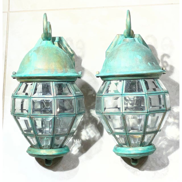 Funky Vintage Pair of Solid Brass Verdigris Wall Lanterns - 14”h X 7” W X 8”.5 D For Sale - Image 13 of 17