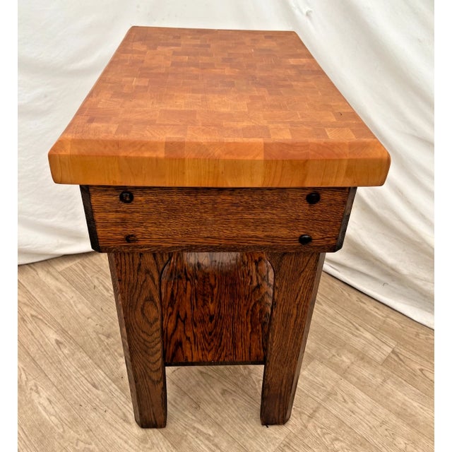 Vintage Butcher Block Carving Table Oak Base With Drawer Shelf End Cut Maple Top For Sale - Image 10 of 15