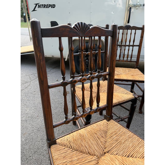 This is a beautiful set of 6 early 19th century English chairs with lovely spindle backs. The rush seats are in excellent...