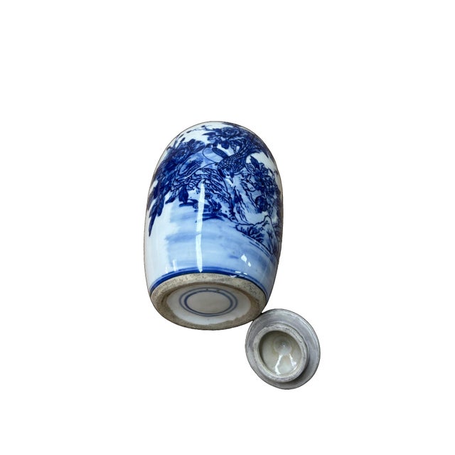 Ceramic Oriental Flowers Graphic Blue White Point Lid Oval Porcelain Jar For Sale - Image 7 of 8