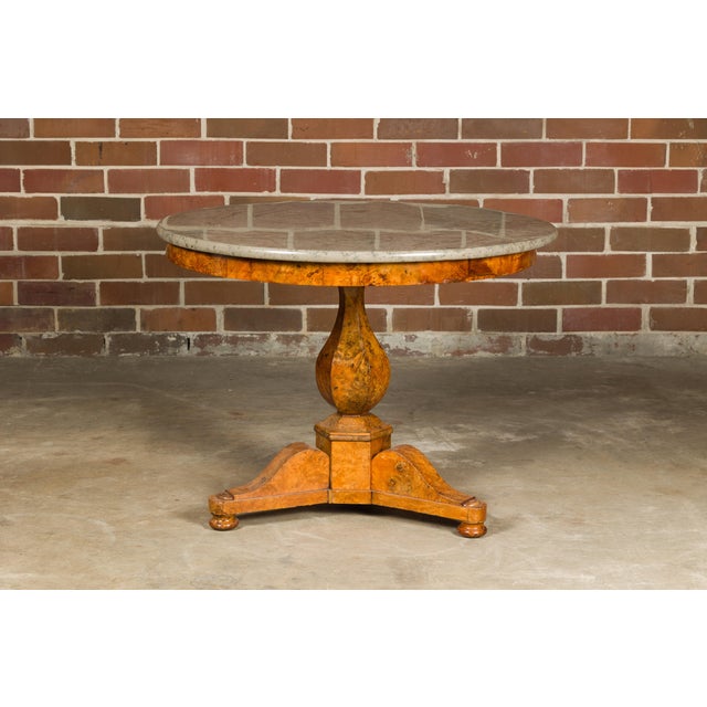 19th Century French Empire Walnut Pedestal Table with Round Marble Top and Tripod Base For Sale - Image 4 of 11
