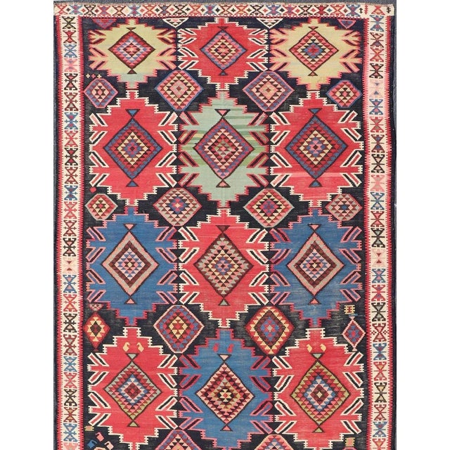 Antique Kuba Kilim Gallery Rug in with large scale Geometrics and Vibrant Colors, 19th century. Keivan Woven Arts / rug...
