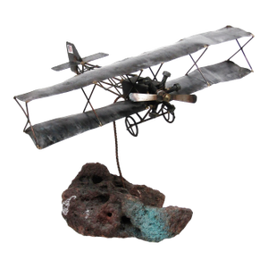Vintage Welded Steel Biplane Sculpture on Slag/Lava Rock Base — Mid-Century Industrial Folk Art