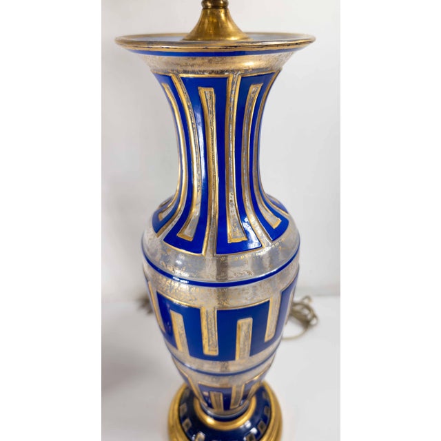 19th Century Pair of Bohemian Cameo Glass Table Lamp Vases With Greek Key Design in Blue For Sale - Image 4 of 16
