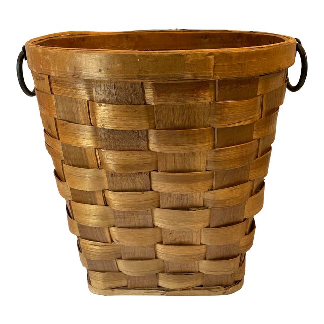 Vintage Woven Slat Wicker Planter Basket For Sale