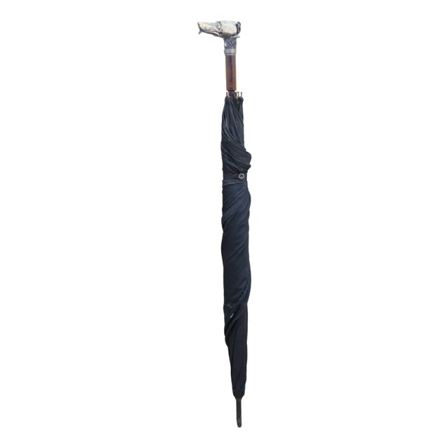 Antique Silverplate Greyhound Dog Head Black Umbrella Oak Walking Stick Cane 38" For Sale
