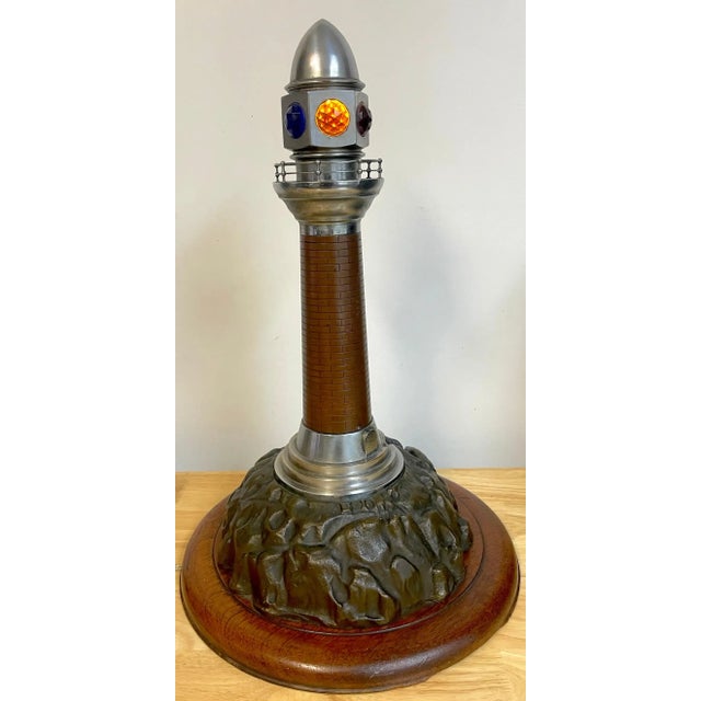 Wood Early 20th Century French Art Deco Bronze, Steel, Crystal and Wood Model of a Lighthouse Lamp For Sale - Image 7 of 12