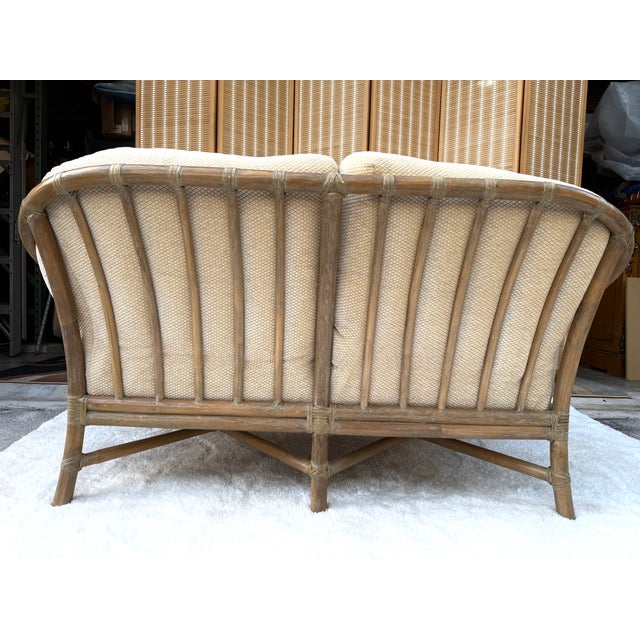 1980s Vintage McGuire San Francisco Rattan & Rawhide Curved Settee For Sale - Image 5 of 17