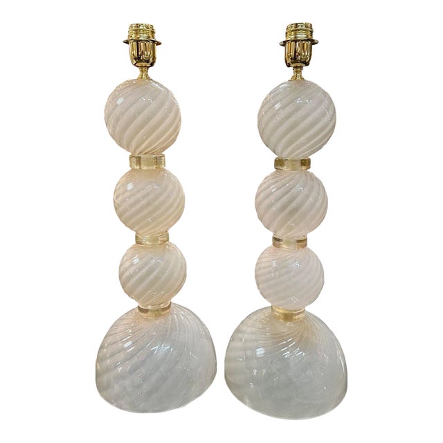 Pair of Murano Pink Opalescent Glass Ball Lamps For Sale