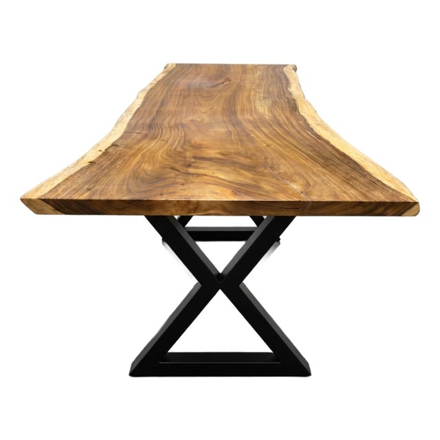 Live Edge Single-Slab Monkeypod Dining Table, 9 Ft, Rustic With Natural Edge Voids For Sale