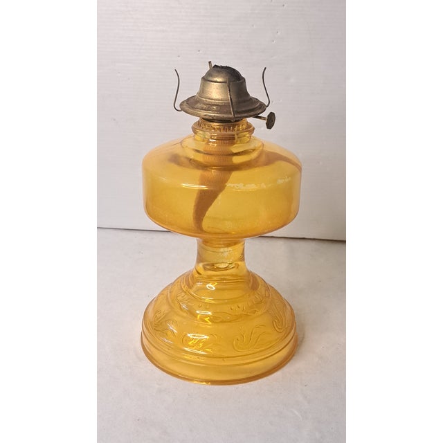 Vintage Amber Glass Kerosene Oil Lamp With P&a Eagle Burner and Chimney For Sale - Image 4 of 11