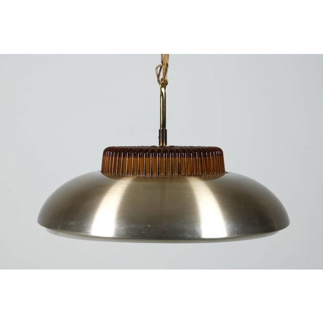 1970s Danish Modern Brushed Aluminum & Amber Glass Saucer Pendant For Sale - Image 4 of 7