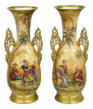 Antique Chinoiserie French Porcelain Hand Painted Orientalist Large Vases - Pair