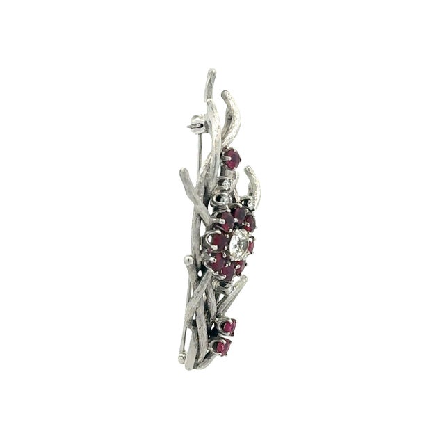 Ruby Diamond 18k White Gold Floral Motiff Brooch For Sale - Image 4 of 6