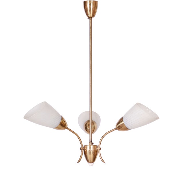 Mid-Century Chandelier in Brass and Frosted Glass, Czech, 1950s For Sale