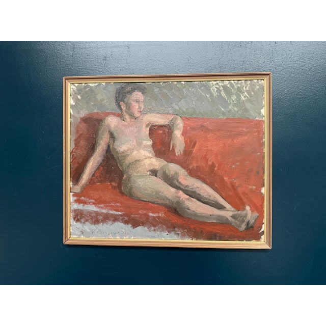 Vilhelm Blomquist, Reclining Lady on Red Couch, 1960s, Oil on Panel, Framed For Sale - Image 12 of 18