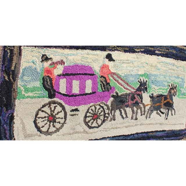 American Pictorial Antique American Hooked Rug Horse & Buggy in Multi Colors For Sale - Image 3 of 9