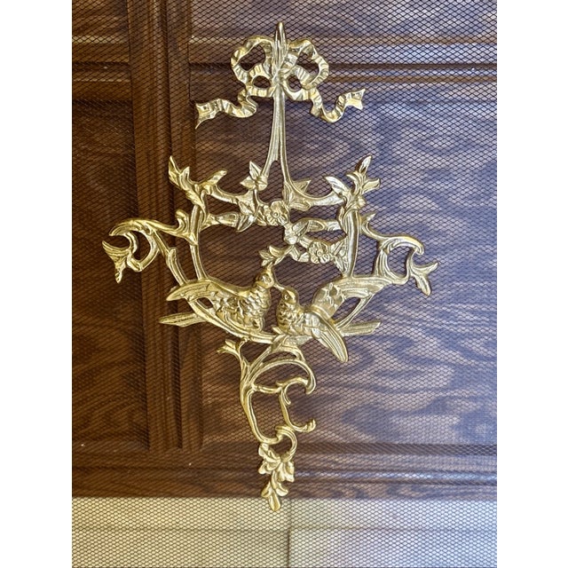 Vintage French Provincial Style Bird & Flower Design Brass Fireplace Screen For Sale - Image 4 of 10