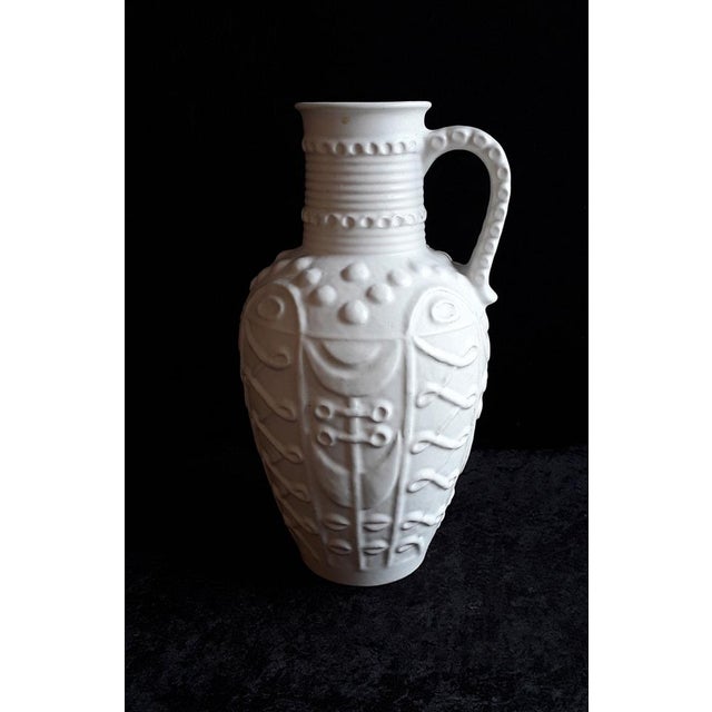 Vintage German Vase with Handle with Floral Relief Decor in White from Bay-Keramik, 1970s For Sale - Image 6 of 7