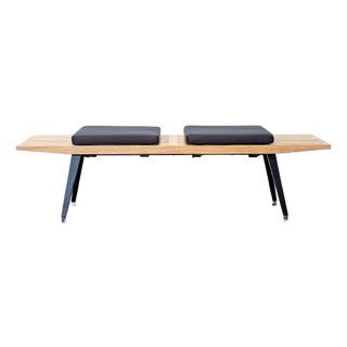 Mid-Century Slatted Wood Bench With Cushions For Sale