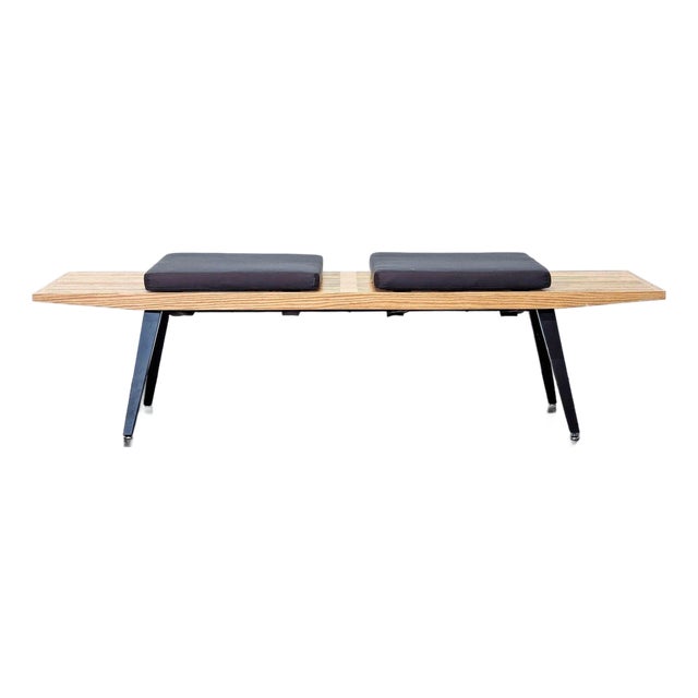 Mid-Century Slatted Wood Bench With Cushions For Sale