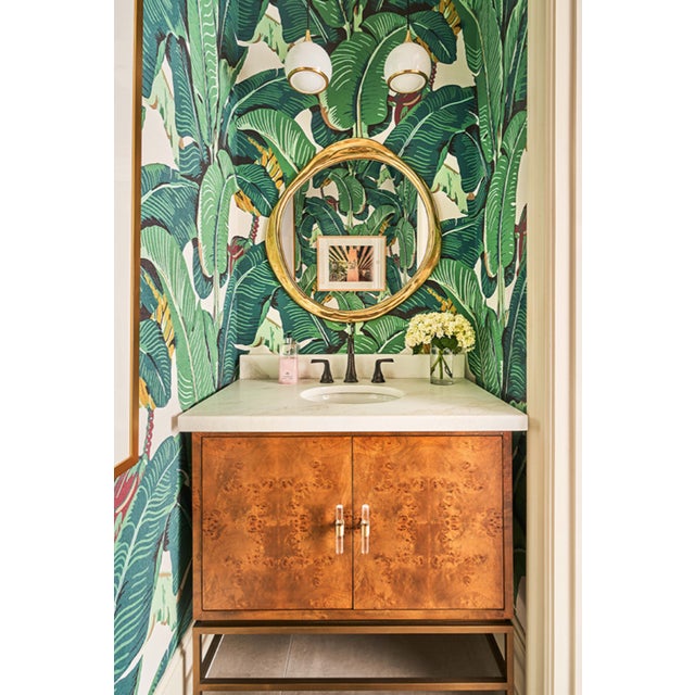 2020s Matthew Izzo Home Clifford 36.5" Dark Burlwood Single Porcelain Sink, Two Door Bath Vanity With Carrara Marble, Brass Base and Acrylic Hardware For Sale - Image 5 of 9
