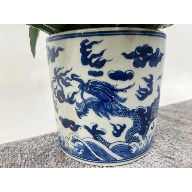 Ceramic Chinese Qing Dynasty Style Blue & White Dragon Motif Porcelain Planter For Sale - Image 7 of 10
