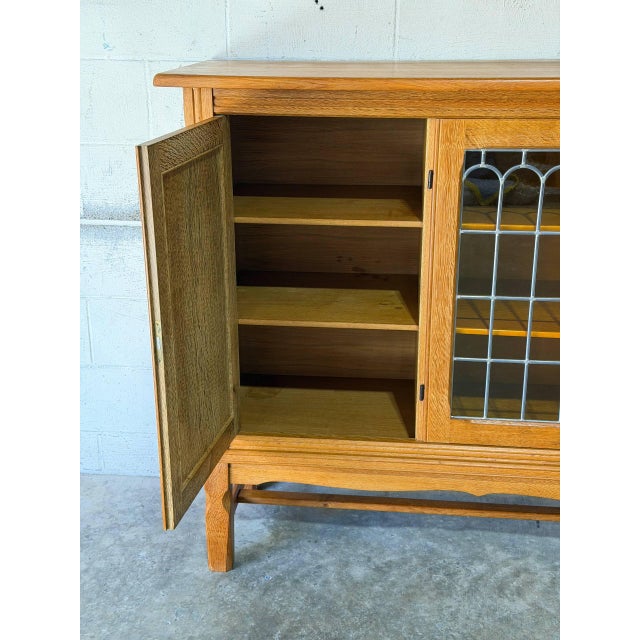 In Style of Henning Kjærnulf Oak Sideboard Credenza With Carved and Leaded Glass Doors Danish Mid-Century Modern 1970s For Sale - Image 10 of 11