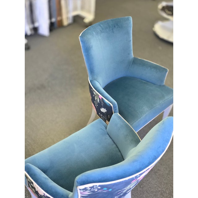 1990s Twin Blue Velvet Floral/Peacock Accent Chairs For Sale - Image 5 of 8
