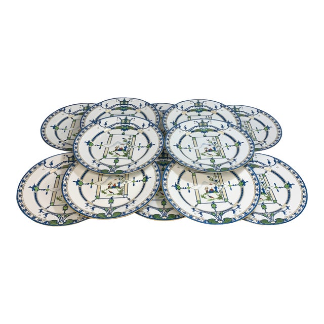 Vintage Royal Worcester Chinoiserie Blue & Green Plate Set - Set of 12 For Sale