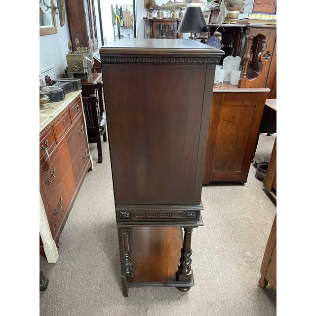 Brown Antique 1920's Hand Carved Walnut Bar Cabinet, Jacobean Revival, Refinished For Sale - Image 8 of 10