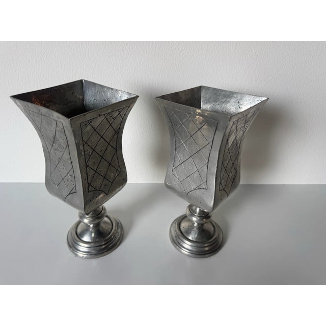 Mid-Century Modern Vintage Art Deco Style Pedraza Segovia Spain Pewter Vases – A Pair For Sale - Image 3 of 9