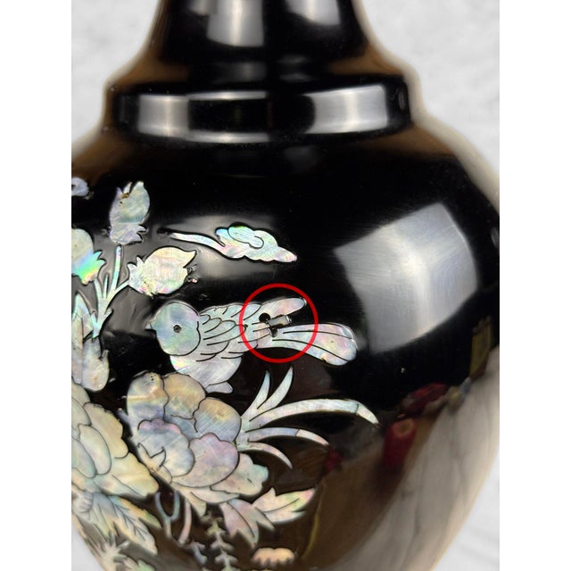 Vintage 14" Chinese Brass & Black Enamel Mother of Pearl Inlaid Vase For Sale - Image 6 of 11
