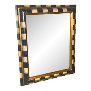 Vintage Checkered Wooden Frame Beveled Glass Mirror For Sale