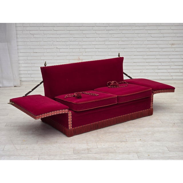 Wood Danish 2-Seater Drop Arm Spanish Sofa in Red Furniture Velour, 1970s For Sale - Image 7 of 18