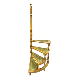 Vintage English Wood Library Spiral Step Ladder With Green Tooled Leather Tread Insets For Sale