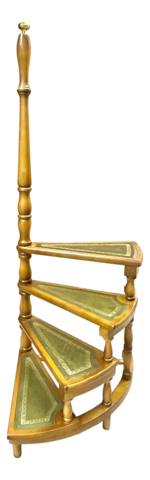 Vintage English Wood Library Spiral Step Ladder With Green Tooled Leather Tread Insets