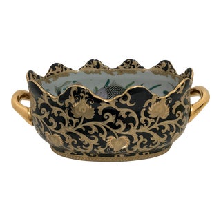 Vintage Onyx/Gold Oval Scalloped Fishbowl With Gold Textured Filigree. For Sale